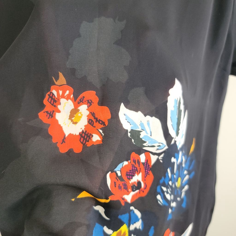 Cabi #5020 Fiore Floral Sheer V Neck Pleated Short Sleeve Blouse Top Black Red L - Picture 6 of 9